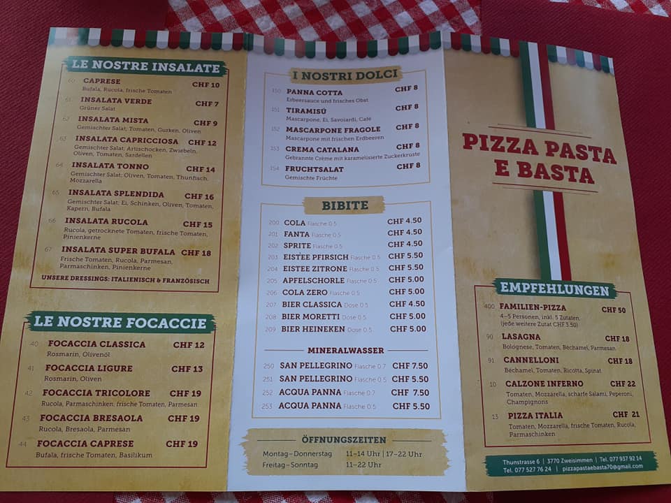 Pizza Pasta e Basta Pizzeria in Zweisimmen Öffnungszeiten Adresse